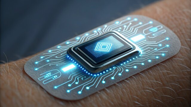 A wearable electronic patch with glowing circuits is attached to a person's arm, representing advanced health or technology integration.
