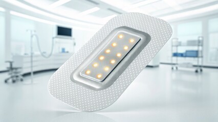A futuristic medical bandage with integrated LED lights is displayed in a modern, high-tech hospital room.