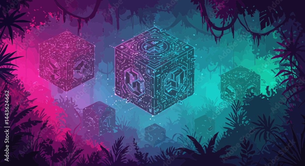 Poster abstract jungle cube digital art neon color scheme geometric shape technology concept artistic desig