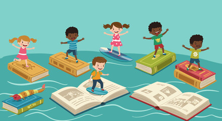 Children surfing on books in water illustration for education reading and learning concept design vector art