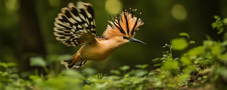 Hoopoe bird is flying through a lush green forest