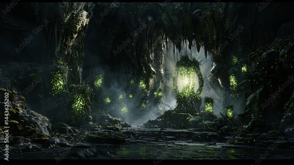 Poster mysterious cave with a stream of water flowing through surrounded by bioluminescent creatures creati