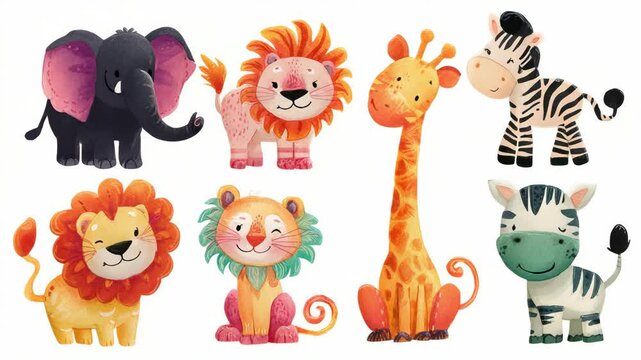Collection of whimsical watercolor cartoon animals featuring lions, zebras, a giraffe and an elephant, isolated on white background in a cute playful style.