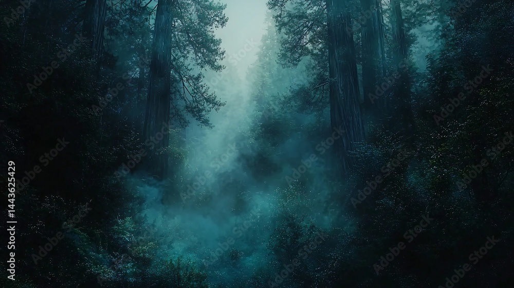 Poster atmospheric forest scene enveloped in mist with towering redwood trees creating a mysterious and ser