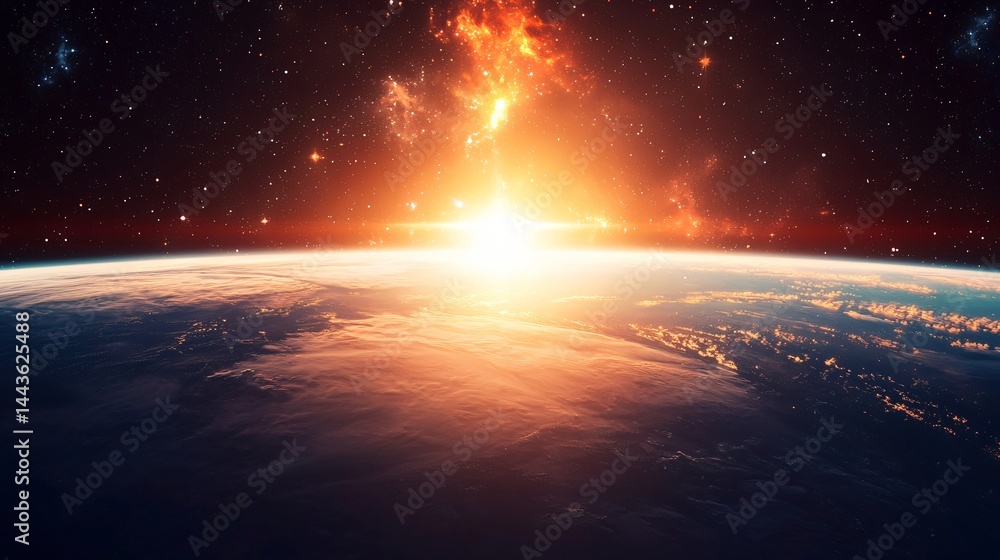 Poster brightly glowing planet displaying a stunning orange hue in deep space with an enigmatic horizon and