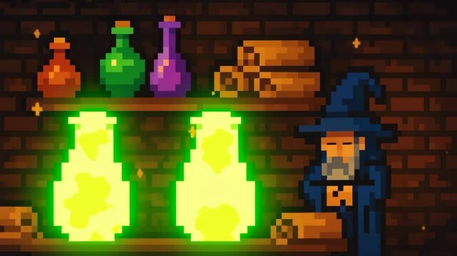 Wizard preparing magic potions in his pixel art laboratory