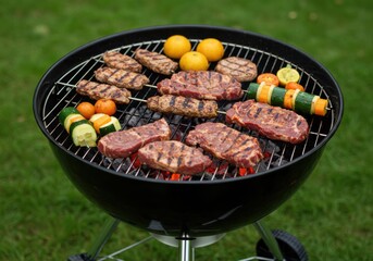 Summer bbq with steak, burgers, vegetables and lemons on the grill