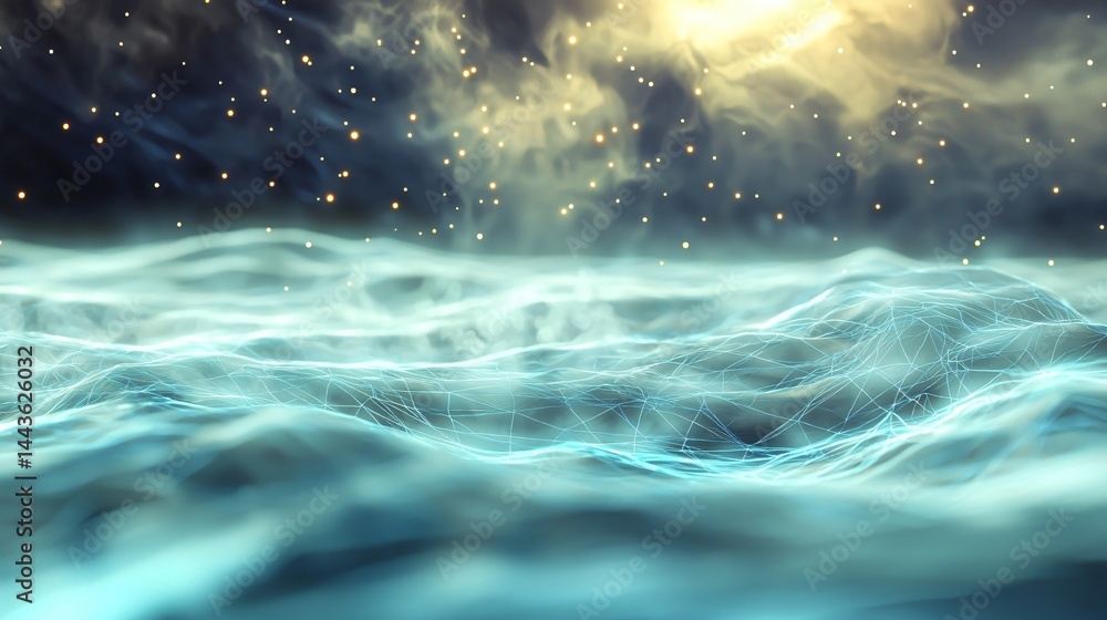 Poster captivating wave in the ocean reflecting celestial energy fields with dynamic motion and depth in a 