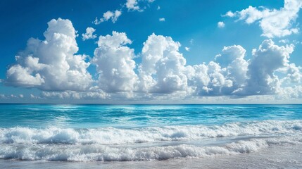 Obraz premium Serene beach scene with turquoise water, white sand, and fluffy clouds under a vibrant blue sky.