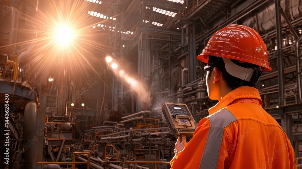 Poster industrial worker inspecting equipment with handheld device in a large factory setting under bright 