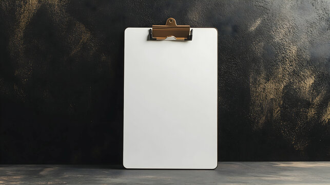 A blank white clipboard with a sleek clip resting on a table. The side is empty for branding. Professional, modern, high-quality texture. 