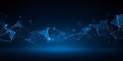 紺色の背景に青い光の点と線で構成された抽象的なデジタルデータデザイン