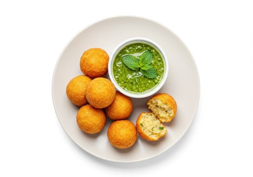 Aloo bonda potato balls with green chutney on a white plate, indian snack