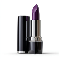 Obraz premium Realistic dark purple lipstick in an elegant black and silver casing featuring a perfectly shaped lipstick tip and luxurious glossy finish isolated on transparent background