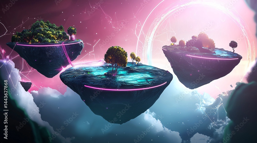 Aufkleber striking floating island with a single tree on top glowing in neon colors captured with a fisheye le