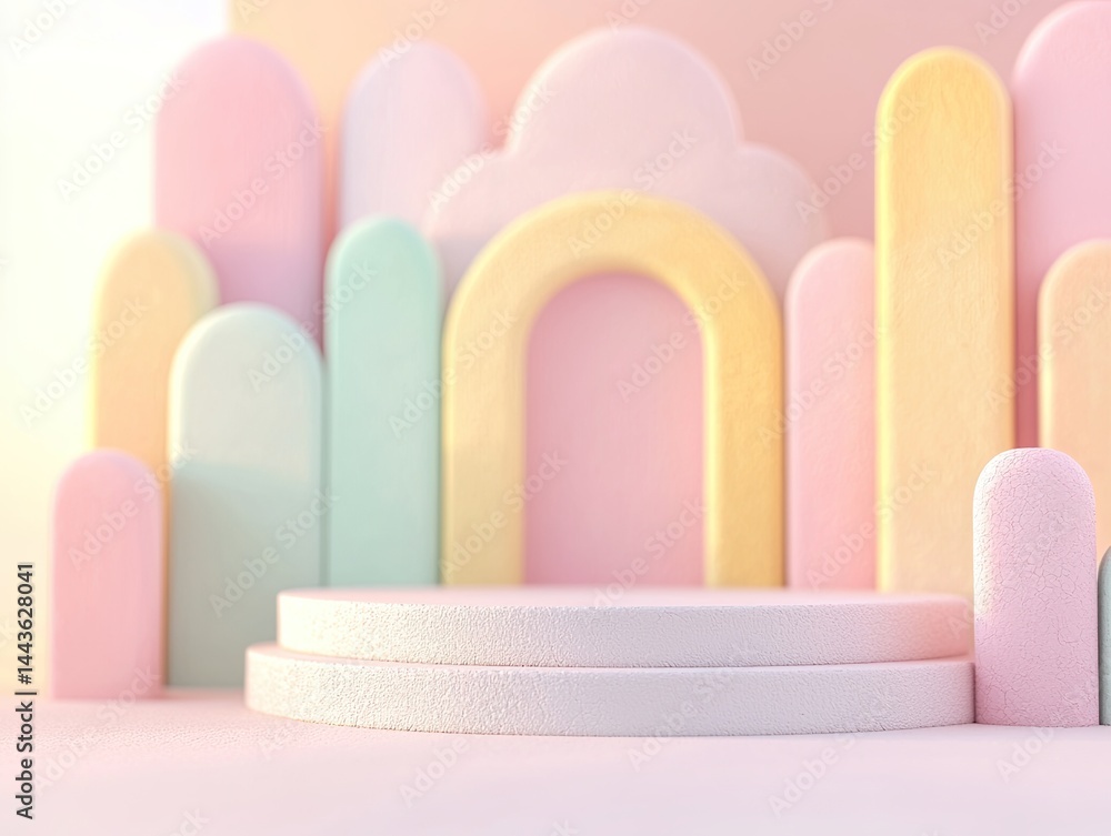 Poster pastel geometric display platform with soft shapes and cloud background