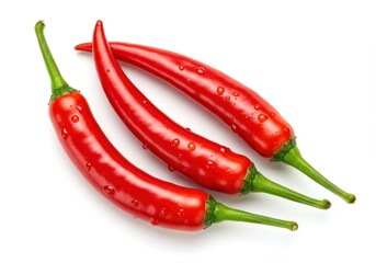 Three red chili peppers with water droplets arranged on a white background