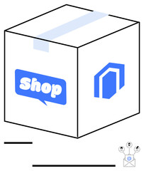 Box with shop branding and tech-related network icons. Ideal for e-commerce, delivery, logistics, branding, technology, business, shopping flat simple metaphor