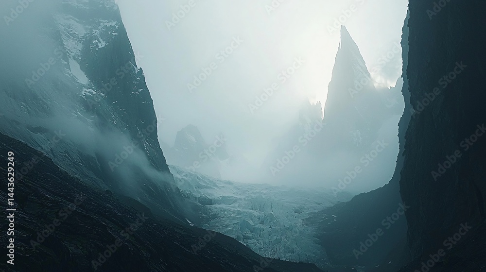 Poster majestic mountain peaks enveloped in soft mist with gentle light filtering through the fog creating 