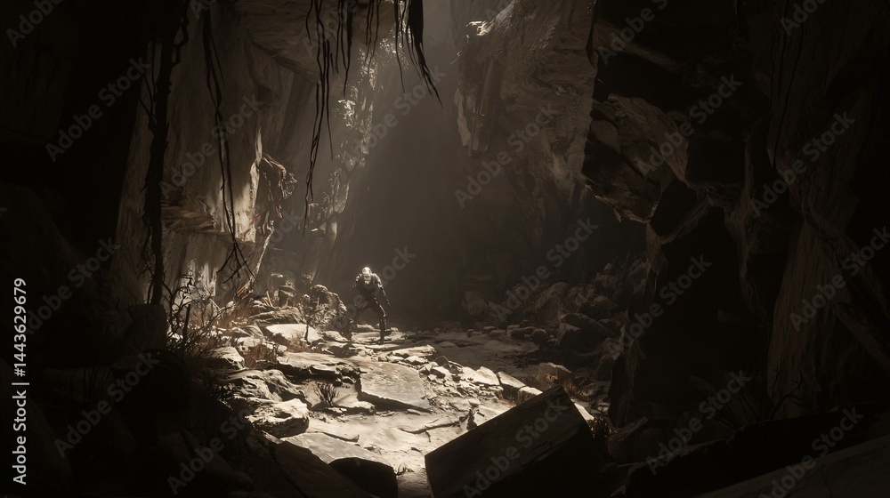 Poster a mysterious cave with light streaming through an open doorway creating an enigmatic atmosphere perf