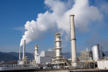 Obraz premium Large industrial structures are visible with steam billowing from multiple chimneys against a blue sky