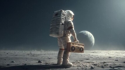 Astronaut Dancing on the Moon with a Retro Boombox