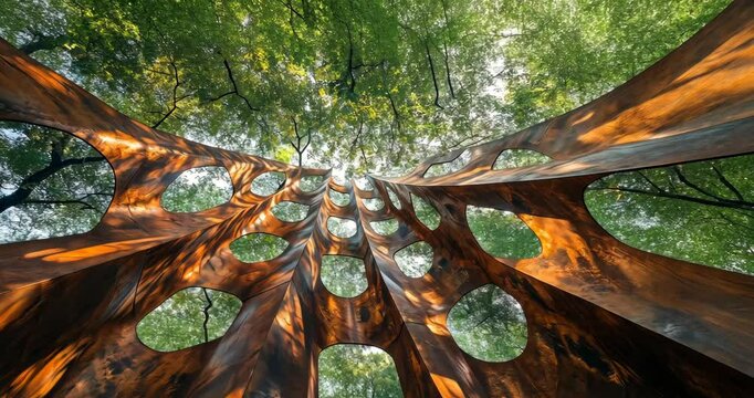 A low angle shot of a modern wooden sculpture in a forest.