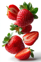 Falling strawberry fruits whole and cut in half isolated on transparent background isolated white background