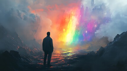 Fototapeta premium Person watching colorful rainbow light emerge in distant landscape image
