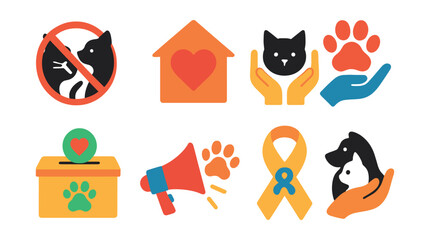 Flat vector icons of animal welfare and advocacy: spay/neuter symbol, shelter heart icon, foster care badge, rescue mission paw, pet donation box, awareness campaign, animal rights ribbon, adoption