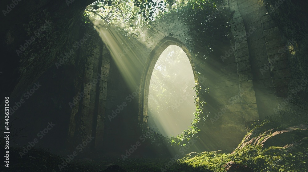 Poster divine light streaming through a mysterious tunnel creating a magical atmosphere in an enchanting fa