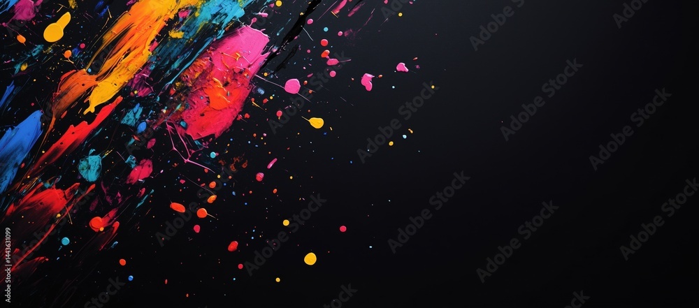 Poster vibrant abstract paint splatter on dark background: artistic texture and design element
