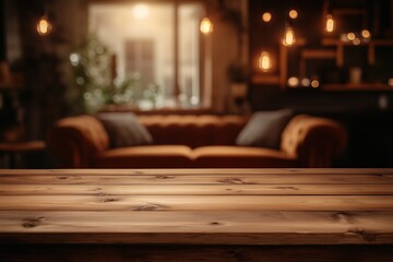 Empty rustic brown wooden tabletop for product placement mockup with blurred cozy living room background