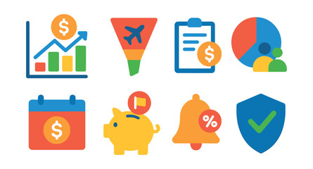 Flat vector icons of travel budgeting tools: cost estimator chart, trip category filter, expense tracking icon, shared budget pie, daily cost log, savings goal icon, discount alert bell, trip refund