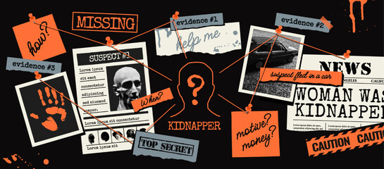 Detective board with crime investigation materials. Grunge collage with fingerprints, photofit of criminal and other evidence to catch kidnapper. Vector illustration in trendy halftone style