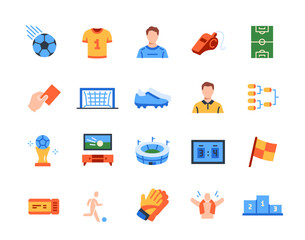 Football or Soccer Icons set. Colorful signs with ball, football player, goal, boots, stadium and referee whistle. Design elements for app. Flat vector illustration collection isolated on background