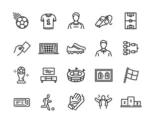 Football or Soccer Icons set. Simple symbols with ball, football player, goal, boots, stadium and referee whistle. Editable stroke. Outline vector illustration collection isolated on background © Rudzhan