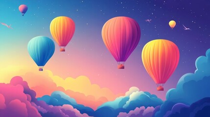 Naklejka premium Colorful hot air balloons float in a vibrant sunrise sky
