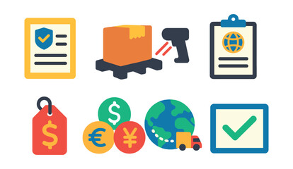 Flat vector icons of cross-border shipping: customs declaration icon, export packaging, import scan symbol, international invoice, customs duties tag, multi-currency label, global delivery route,