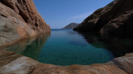 Crystal-clear pool nestled in a rocky cove.  Tranquil waters reflect the clear sky