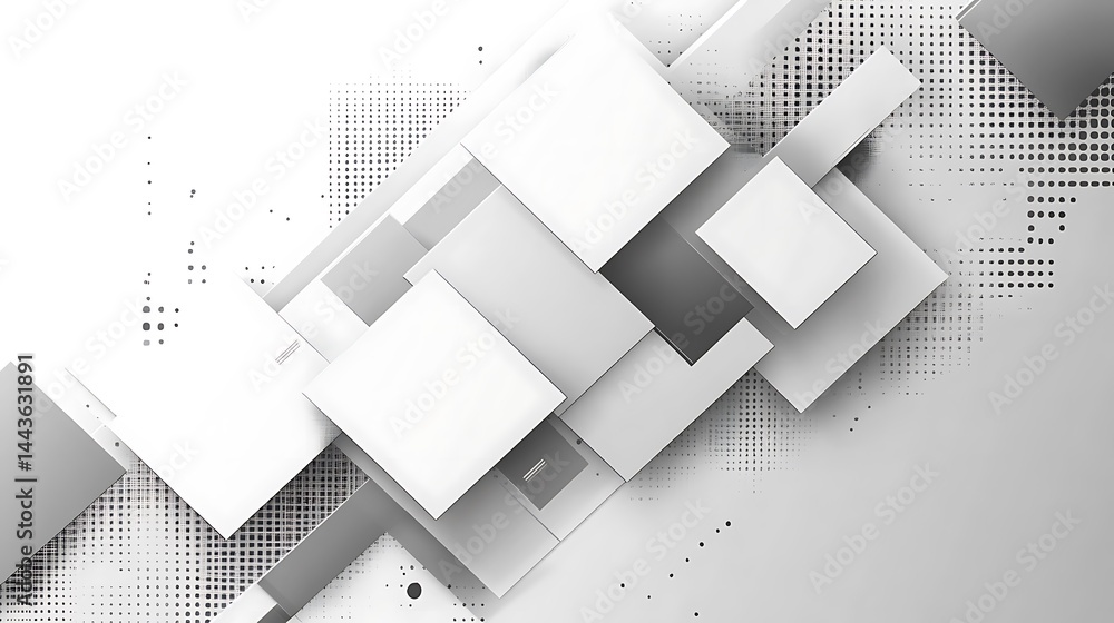 Poster abstract geometric composition of squares with halftone patterns in white and gray tones for creativ