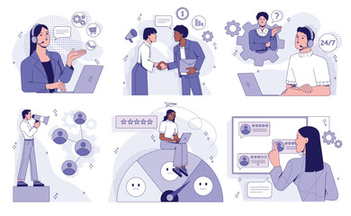 Customer loyalty. Set of scenes with customer support service employees, hotline operators and marketers. Feedback and user reviews. Flat outline vector illustration collection isolated on background