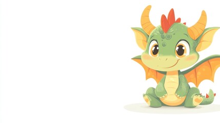 Obraz premium Cute cartoon dragon, sitting, looking sideways, friendly, whimsical, light green, orange accents, adorable, childlike, fantasy creature, fantasy art