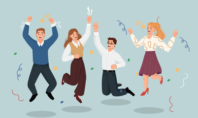 Business Team Celebrates Success. Male and female entrepreneurs or workers jump for joy and happiness. Group of diverse partners achieves goals. Teamwork and collaboration. Flat vector illustration