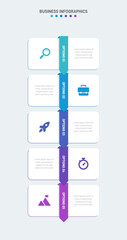 Vertical progress bar featuring 5 arrow-shaped elements, symbolizing the five stages of business strategy and progression. Clean timeline infographic design template. Vector for mobile presentation.
