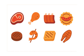 Flat vector icons of BBQ meats and proteins: steak icon, chicken leg, ribs rack, sausage link badge, burger patty, skewered shrimp, grilled tofu, BBQ fish fillet.