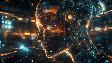 Obraz premium Robotic AI face with blue glowing lights and digital circuits image