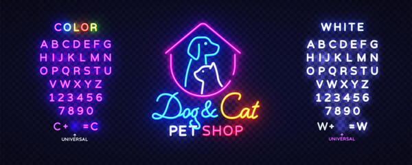 Pet logo with dog, cat, neon, animal, and shop theme featuring the phrase Dog and Cat Pet Shop. Bright outlines form a house shape and stylish lettering pops against the dark wall.