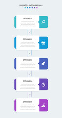 Vertical progress bar featuring 5 arrow-shaped elements, symbolizing the five stages of business strategy and progression. Clean timeline infographic design template. Vector for mobile presentation.