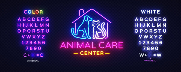 Pet logo with dog, cat, neon, animal, and shop elements featuring the text Animal Care Center. Glowing house outline and colorful lettering on dark brick background.